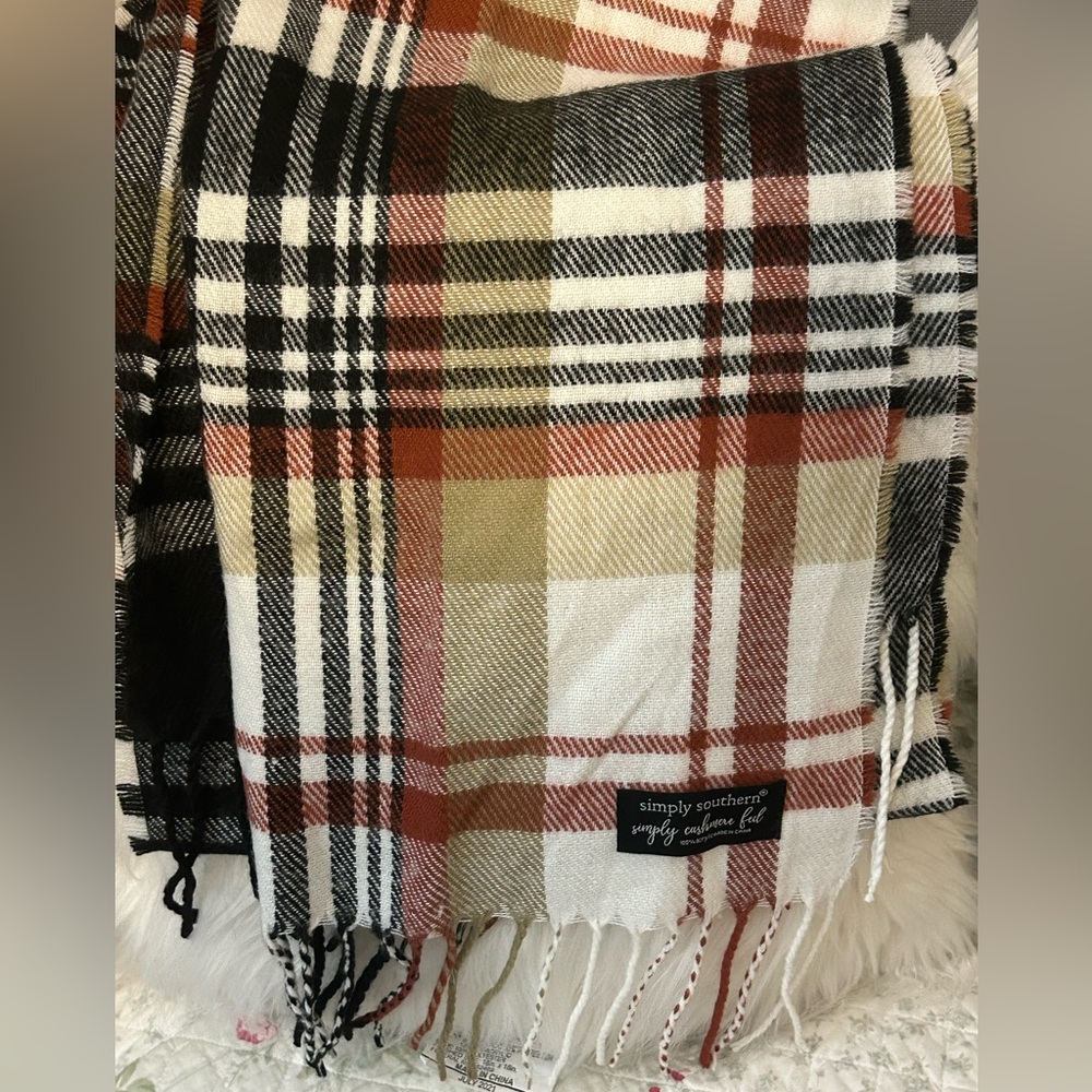 Simply Southern cashmere feel plaid scarf fringe black cream tan rust